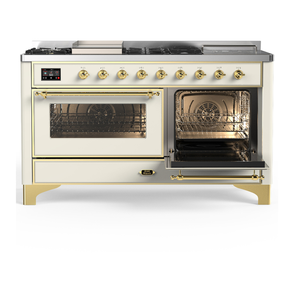 ILVE UM60FSNR3AWG Majestic III 60 inch Dual Fuel Range with 7 Burners, Griddle and French Top, Dual Function Burner with up to 25,000 BTU (Natural Gas, Triple Glass Door, Antique White, Brass) 4 ILVE-UM60FSNR3AWG-Secondary Oven Open View