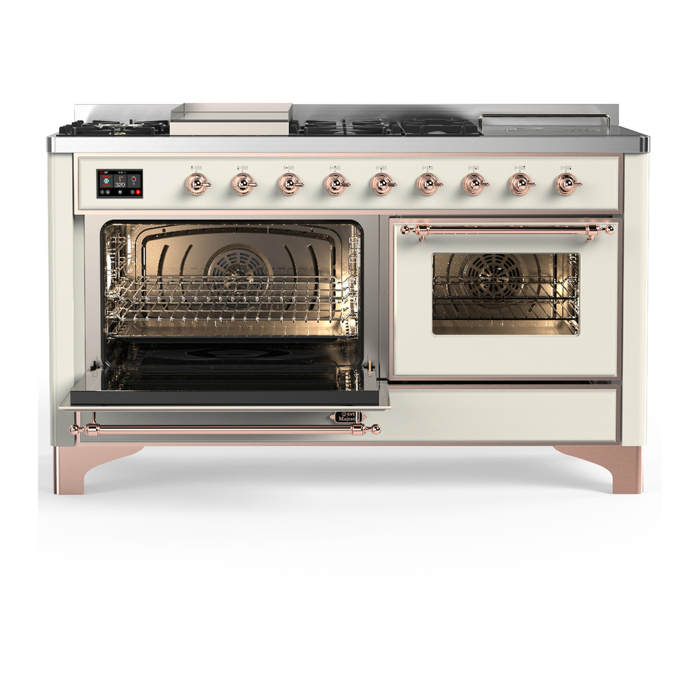 ILVE UM60FSNR3AWPLP Majestic III 60 inch Dual Fuel Range with 7 Burners, Griddle and French Top, Dual Function Burner with up to 25,000 BTU (Liquid Propane, Triple Glass Door, Antique White, Copper) 3 ILVE-UM60FSNR3AWPLP-Primary Oven Open View