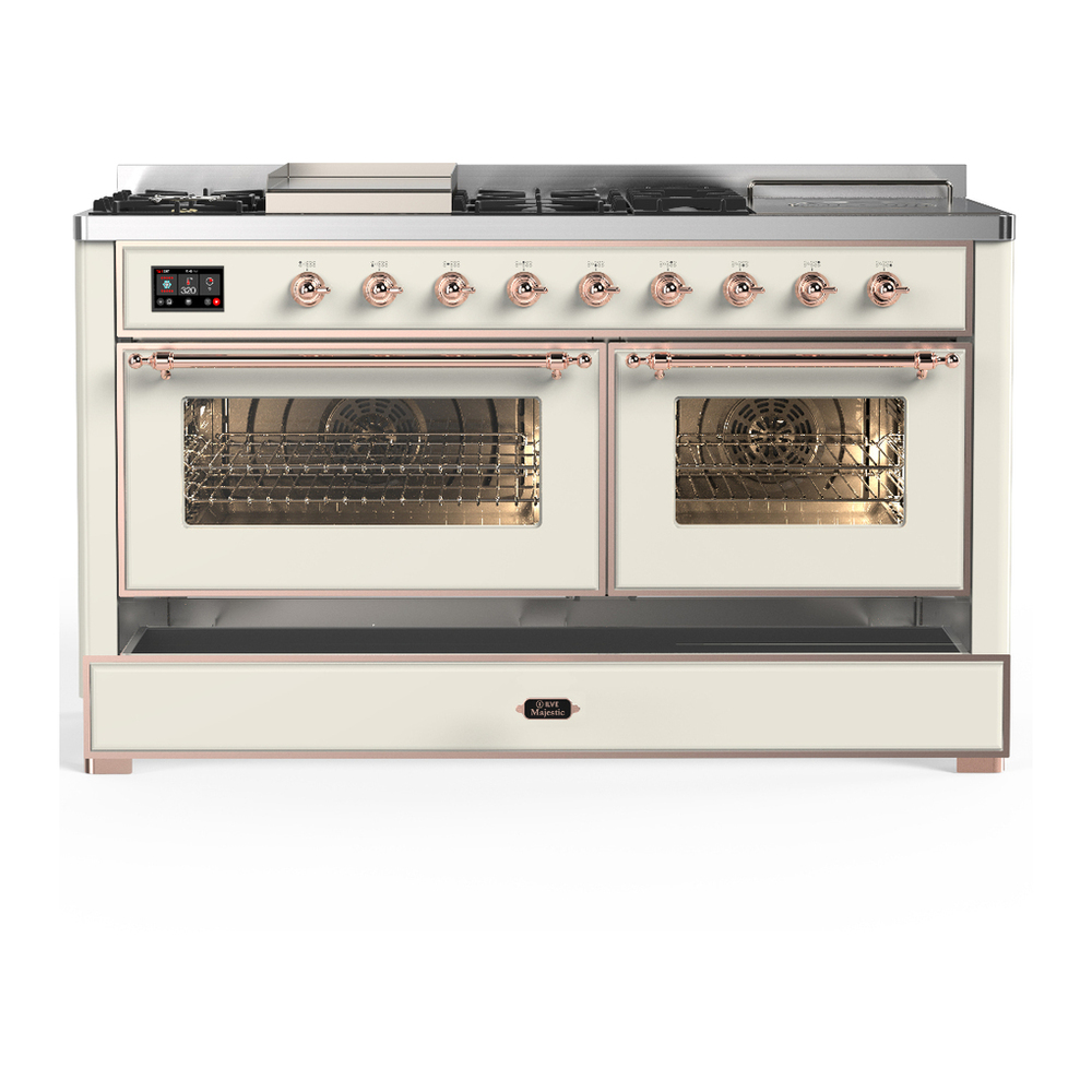 ILVE UM60FSNR3AWPLP Majestic III 60 inch Dual Fuel Range with 7 Burners, Griddle and French Top, Dual Function Burner with up to 25,000 BTU (Liquid Propane, Triple Glass Door, Antique White, Copper) 5 ILVE-UM60FSNR3AWPLP-Drawer Open View