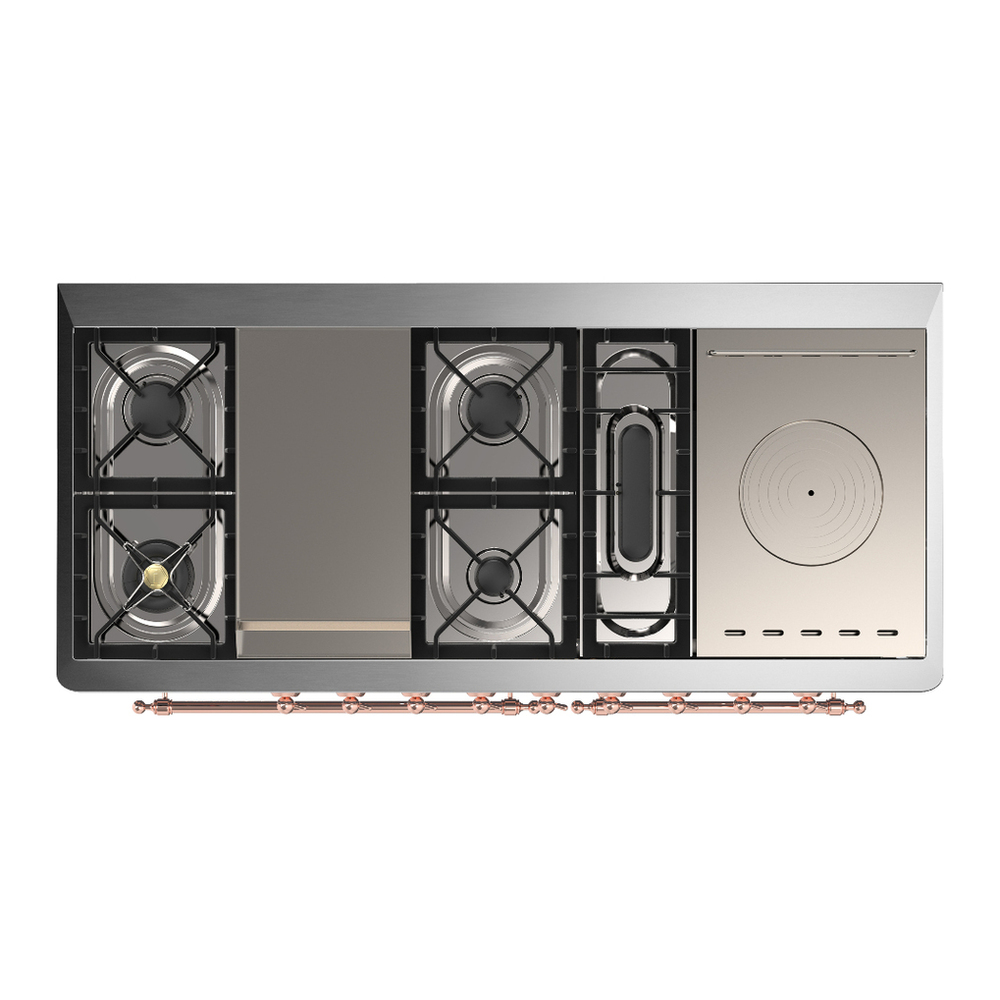 ILVE UM60FSNR3AWPLP Majestic III 60 inch Dual Fuel Range with 7 Burners, Griddle and French Top, Dual Function Burner with up to 25,000 BTU (Liquid Propane, Triple Glass Door, Antique White, Copper) 6 ILVE-UM60FSNR3AWPLP-Top View