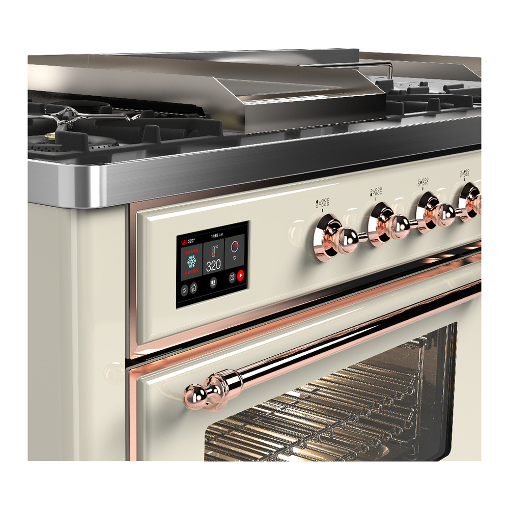 ILVE UM60FSNR3AWPLP Majestic III 60 inch Dual Fuel Range with 7 Burners, Griddle and French Top, Dual Function Burner with up to 25,000 BTU (Liquid Propane, Triple Glass Door, Antique White, Copper) 7 ILVE-UM60FSNR3AWPLP-Control Knobs View