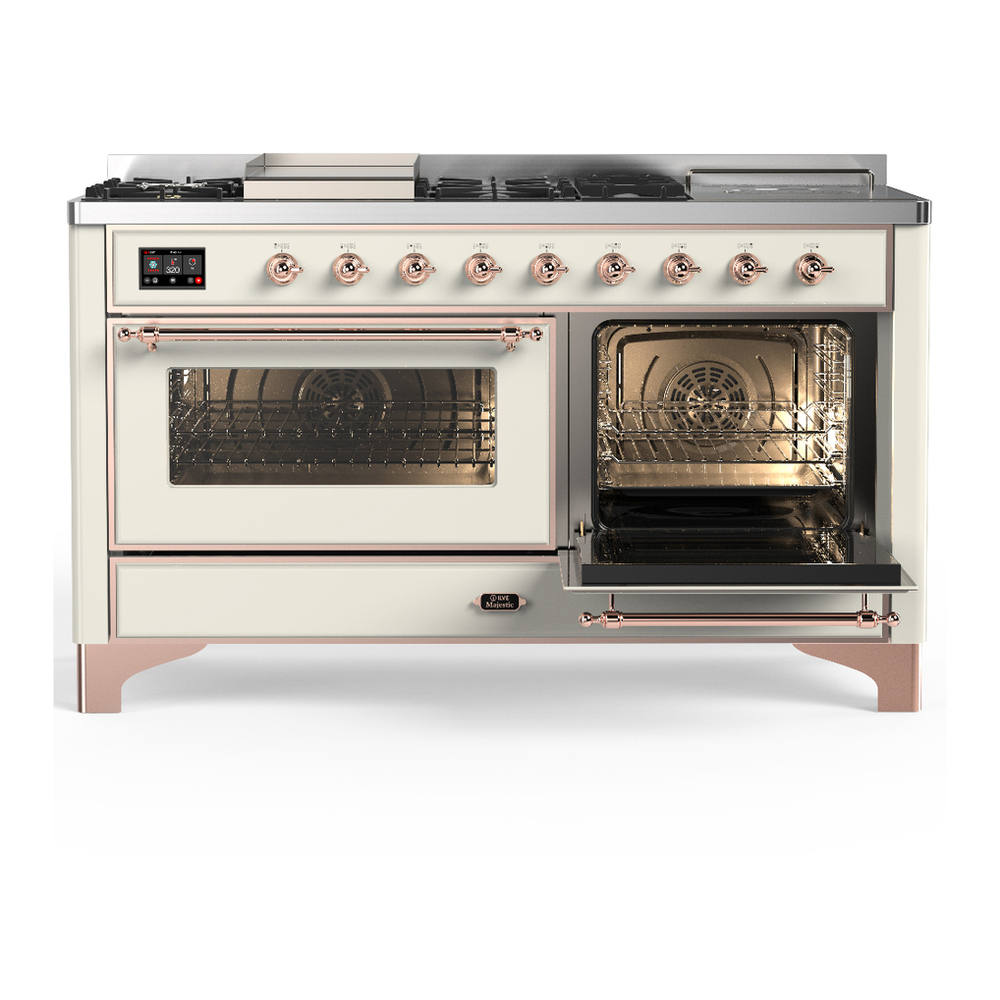 ILVE UM60FSNR3AWP Majestic III 60 inch Dual Fuel Range with 7 Burners, Griddle and French Top, Dual Function Burner with up to 25,000 BTU (Natural Gas, Triple Glass Door, Antique White, Copper) 4 ILVE-UM60FSNR3AWP-Secondary Oven Open View