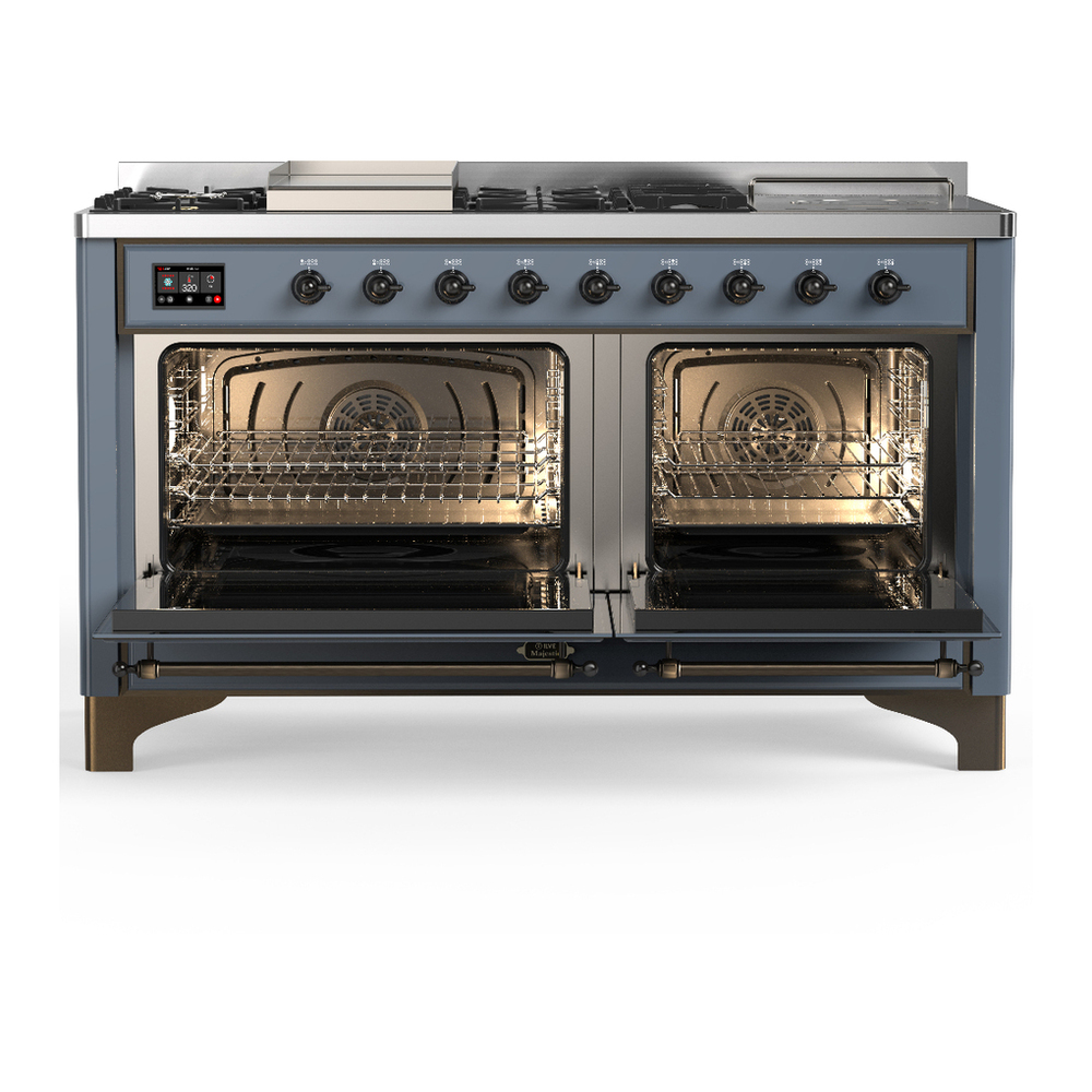 ILVE UM60FSNR3BGBLP Majestic III 60 inch Dual Fuel Range with 7 Burners, Griddle and French Top, Dual Function Burner with up to 25,000 BTU (Liquid Propane, Triple Glass Door, Blue Grey, Burnished) 2 ILVE-UM60FSNR3BGBLP-Double Oven Open View