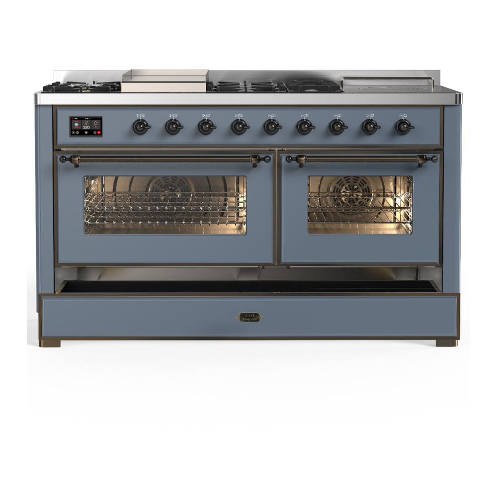 ILVE UM60FSNR3BGBLP Majestic III 60 inch Dual Fuel Range with 7 Burners, Griddle and French Top, Dual Function Burner with up to 25,000 BTU (Liquid Propane, Triple Glass Door, Blue Grey, Burnished) 5 ILVE-UM60FSNR3BGBLP-Drawer Open View