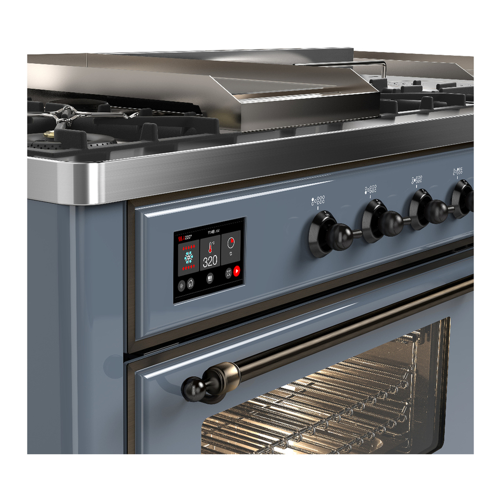 ILVE UM60FSNR3BGBLP Majestic III 60 inch Dual Fuel Range with 7 Burners, Griddle and French Top, Dual Function Burner with up to 25,000 BTU (Liquid Propane, Triple Glass Door, Blue Grey, Burnished) 7 ILVE-UM60FSNR3BGBLP-Control Knobs View