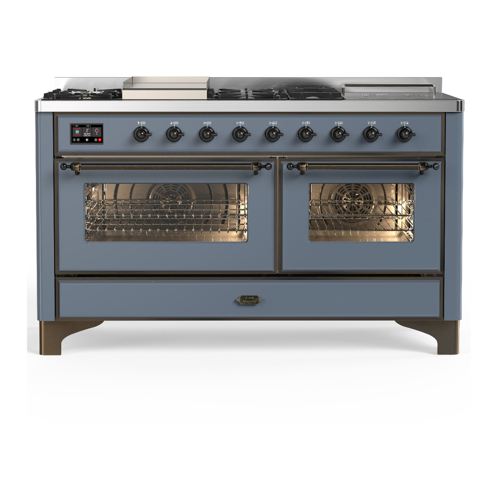 ILVE UM60FSNR3BGB Majestic III 60 inch Dual Fuel Range with 7 Burners, Griddle and French Top, Dual Function Burner with up to 25,000 BTU (Natural Gas, Triple Glass Door, Blue Grey, Burnished) 1 UM60FSNR3BGB