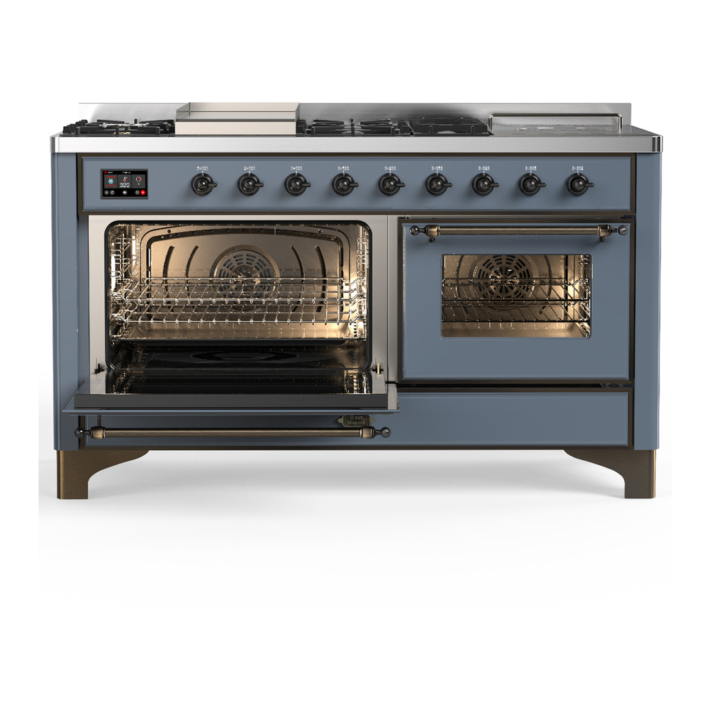 ILVE UM60FSNR3BGB Majestic III 60 inch Dual Fuel Range with 7 Burners, Griddle and French Top, Dual Function Burner with up to 25,000 BTU (Natural Gas, Triple Glass Door, Blue Grey, Burnished) 3 ILVE-UM60FSNR3BGB-Primary Oven Open View
