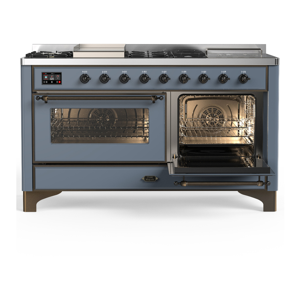 ILVE UM60FSNR3BGB Majestic III 60 inch Dual Fuel Range with 7 Burners, Griddle and French Top, Dual Function Burner with up to 25,000 BTU (Natural Gas, Triple Glass Door, Blue Grey, Burnished) 4 ILVE-UM60FSNR3BGB-Secondary Oven Open View