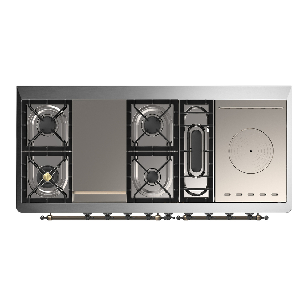 ILVE UM60FSNR3BGB Majestic III 60 inch Dual Fuel Range with 7 Burners, Griddle and French Top, Dual Function Burner with up to 25,000 BTU (Natural Gas, Triple Glass Door, Blue Grey, Burnished) 6 ILVE-UM60FSNR3BGB-Top View