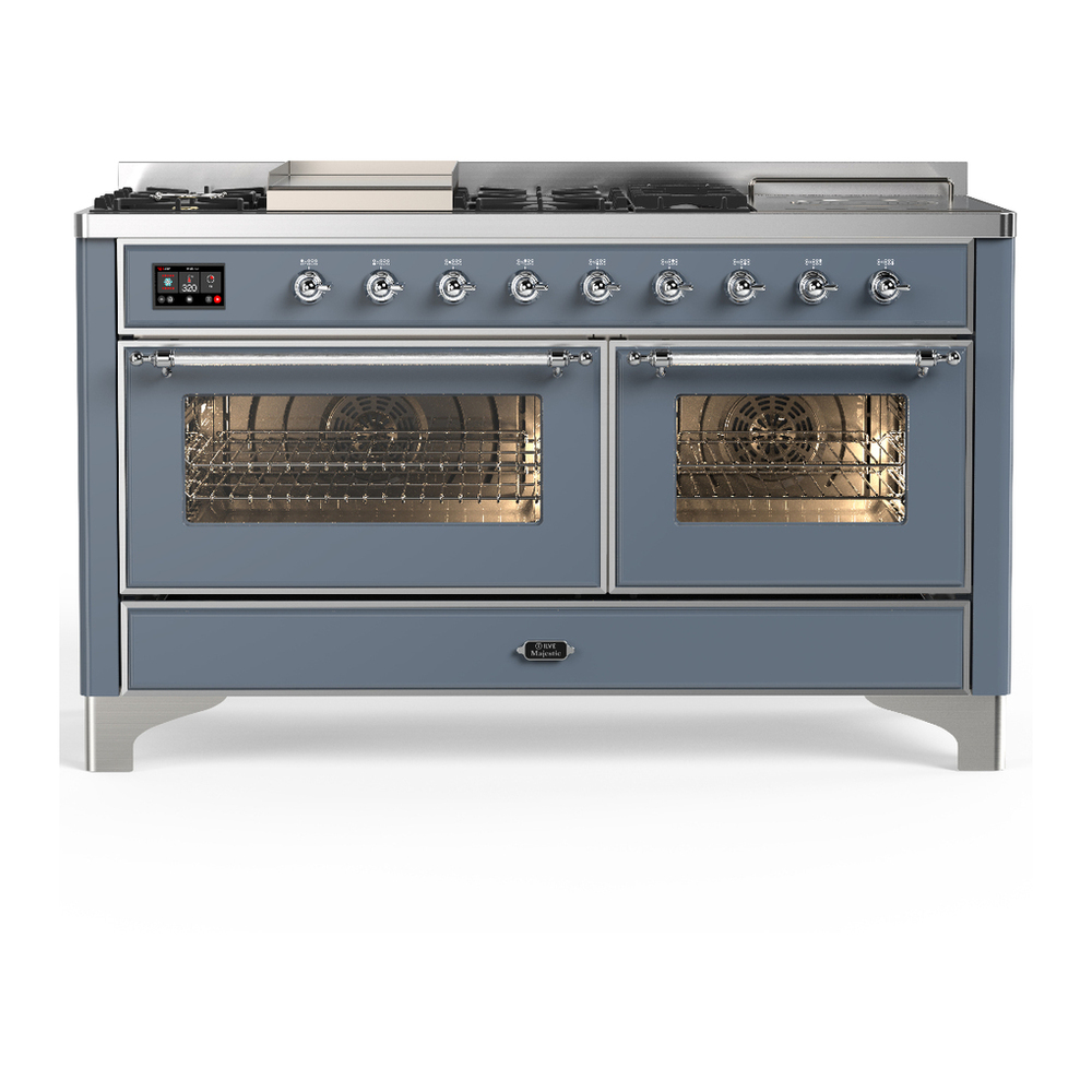 ILVE UM60FSNR3BGC Majestic III 60 inch Dual Fuel Range with 7 Burners, Griddle and French Top, Dual Function Burner with up to 25,000 BTU (Natural Gas, Triple Glass Door, Blue Grey, Chrome) 1 UM60FSNR3BGC