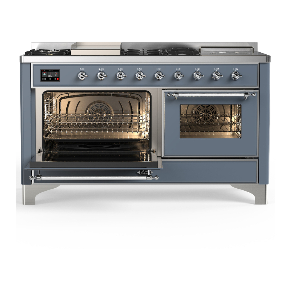 ILVE UM60FSNR3BGC Majestic III 60 inch Dual Fuel Range with 7 Burners, Griddle and French Top, Dual Function Burner with up to 25,000 BTU (Natural Gas, Triple Glass Door, Blue Grey, Chrome) 3 ILVE-UM60FSNR3BGC-Primary Oven Open View