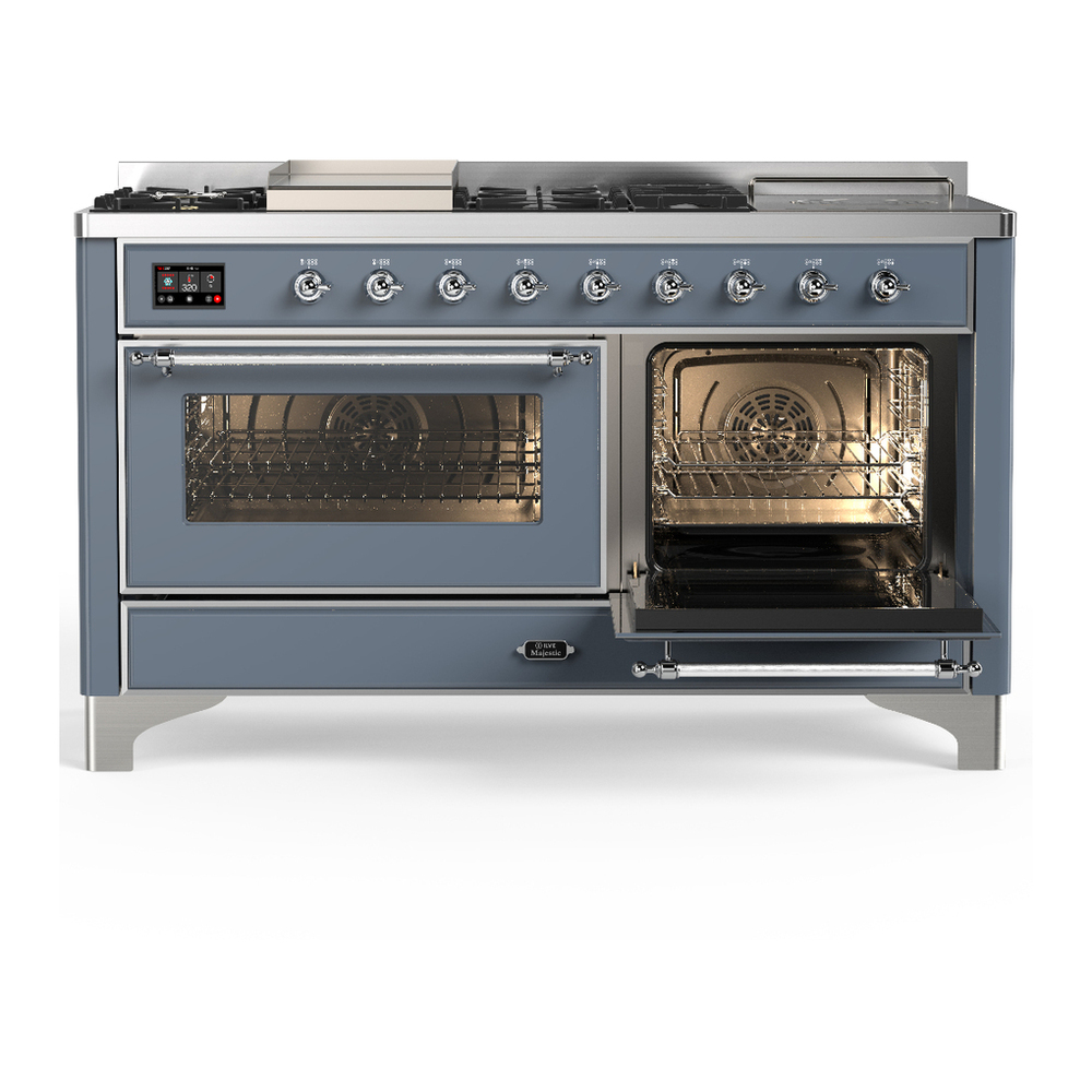 ILVE UM60FSNR3BGC Majestic III 60 inch Dual Fuel Range with 7 Burners, Griddle and French Top, Dual Function Burner with up to 25,000 BTU (Natural Gas, Triple Glass Door, Blue Grey, Chrome) 4 ILVE-UM60FSNR3BGC-Secondary Oven Open View