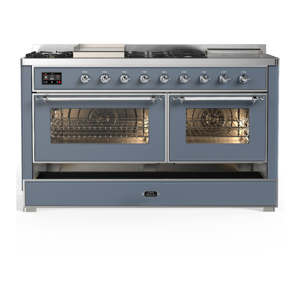 ILVE UM60FSNR3BGC Majestic III 60 inch Dual Fuel Range with 7 Burners, Griddle and French Top, Dual Function Burner with up to 25,000 BTU (Natural Gas, Triple Glass Door, Blue Grey, Chrome) 5 ILVE-UM60FSNR3BGC-Drawer Open View
