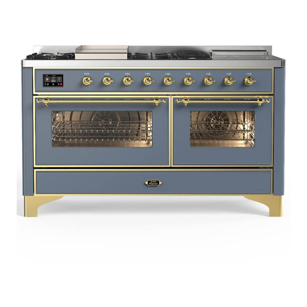ILVE UM60FSNR3BGG Majestic III 60 inch Dual Fuel Range with 7 Burners, Griddle and French Top, Dual Function Burner with up to 25,000 BTU (Natural Gas, Triple Glass Door, Blue Grey, Brass) 1 UM60FSNR3BGG