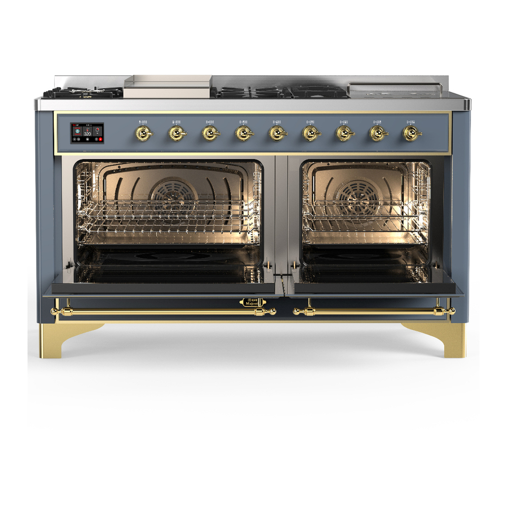 ILVE UM60FSNR3BGG Majestic III 60 inch Dual Fuel Range with 7 Burners, Griddle and French Top, Dual Function Burner with up to 25,000 BTU (Natural Gas, Triple Glass Door, Blue Grey, Brass) 2 ILVE-UM60FSNR3BGG-Double Oven Open View