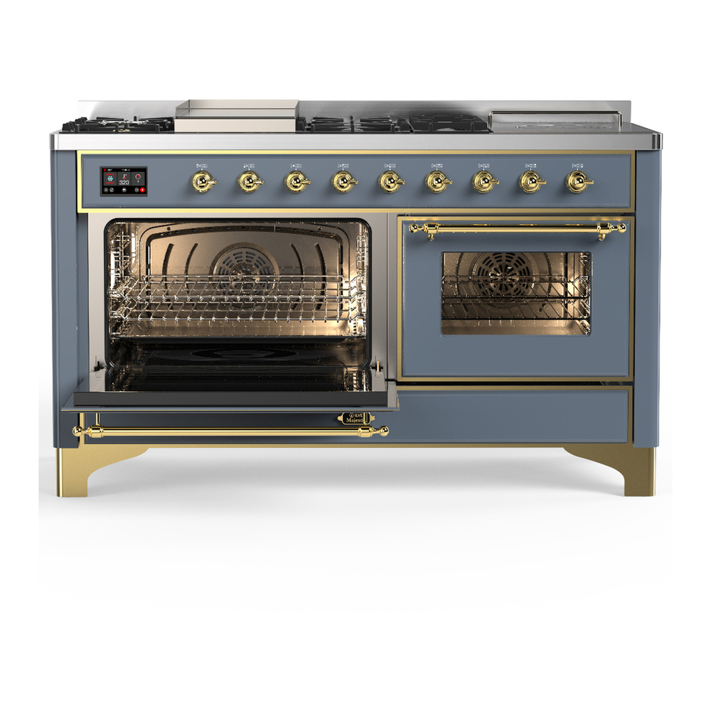 ILVE UM60FSNR3BGG Majestic III 60 inch Dual Fuel Range with 7 Burners, Griddle and French Top, Dual Function Burner with up to 25,000 BTU (Natural Gas, Triple Glass Door, Blue Grey, Brass) 3 ILVE-UM60FSNR3BGG-Primary Oven Open View
