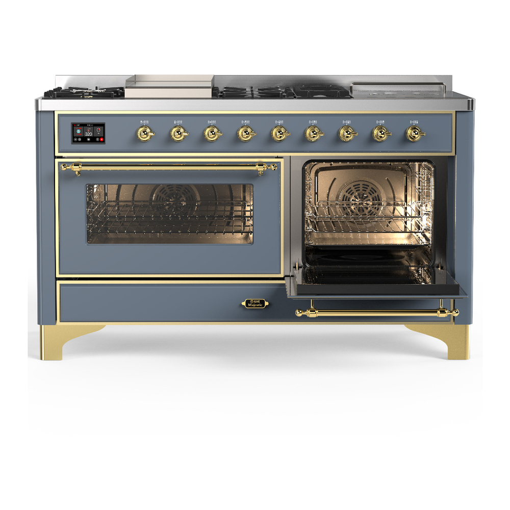 ILVE UM60FSNR3BGG Majestic III 60 inch Dual Fuel Range with 7 Burners, Griddle and French Top, Dual Function Burner with up to 25,000 BTU (Natural Gas, Triple Glass Door, Blue Grey, Brass) 4 ILVE-UM60FSNR3BGG-Secondary Oven Open View
