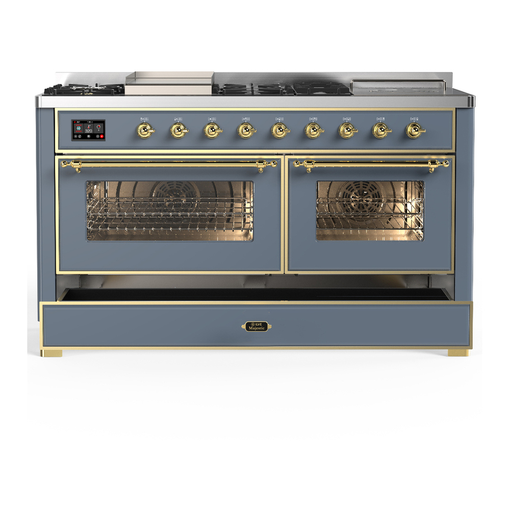 ILVE UM60FSNR3BGG Majestic III 60 inch Dual Fuel Range with 7 Burners, Griddle and French Top, Dual Function Burner with up to 25,000 BTU (Natural Gas, Triple Glass Door, Blue Grey, Brass) 5 ILVE-UM60FSNR3BGG-Drawer Open View