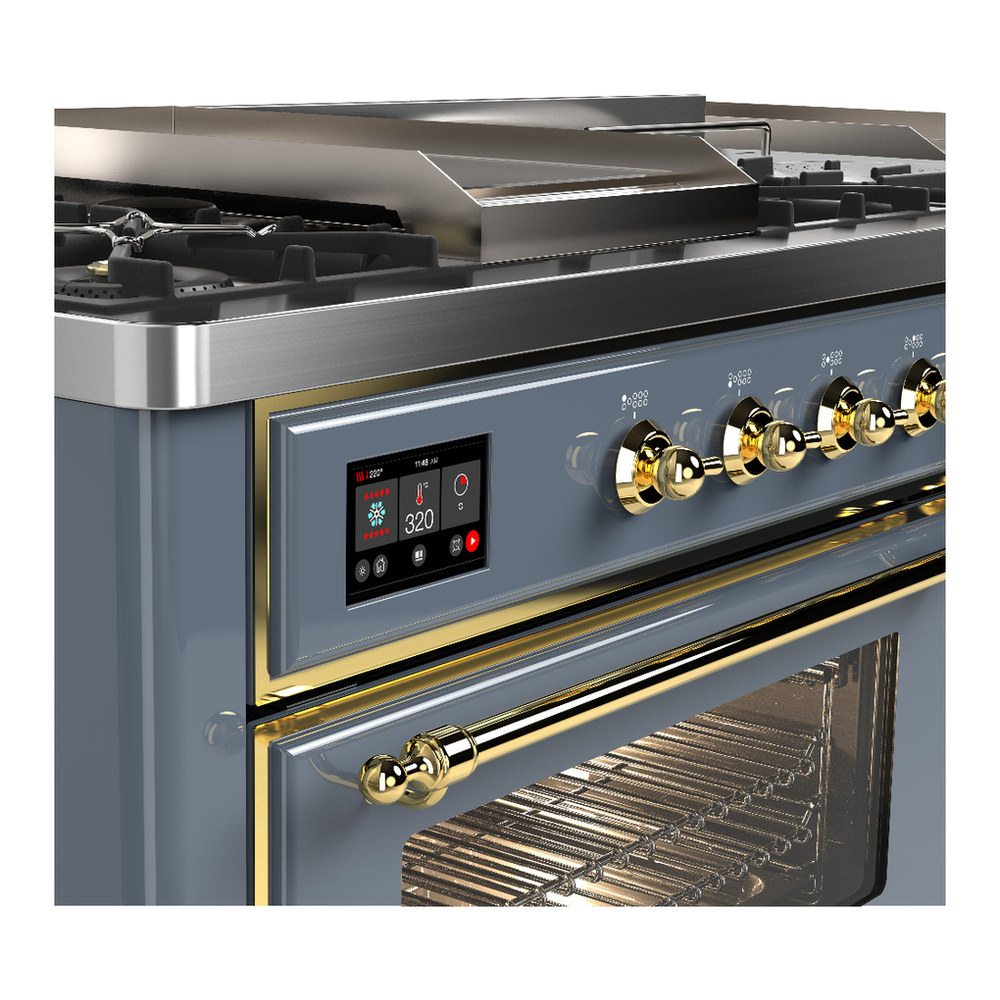 ILVE UM60FSNR3BGG Majestic III 60 inch Dual Fuel Range with 7 Burners, Griddle and French Top, Dual Function Burner with up to 25,000 BTU (Natural Gas, Triple Glass Door, Blue Grey, Brass) 7 ILVE-UM60FSNR3BGG-Control Knobs View