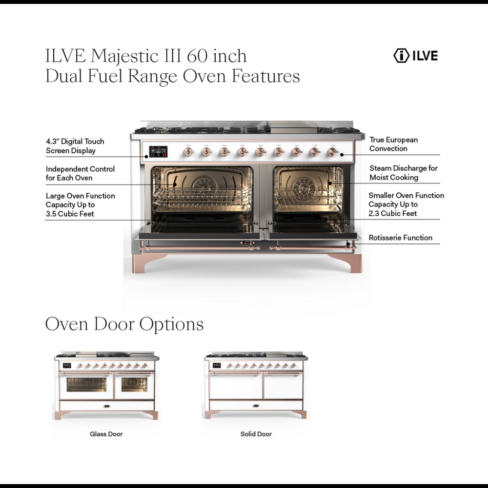 ILVE UM60FSNR3BKC Majestic III 60 inch Dual Fuel Range with 7 Burners, Griddle and French Top, Dual Function Burner with up to 25,000 BTU (Natural Gas, Triple Glass Door, Glossy Black, Chrome) 3 ILVE UM60FS Majestic III 60 inch Dual Fuel Range with 7 Burners, Griddle and French Top, Dual Function Burner with up to 25,000 BTU