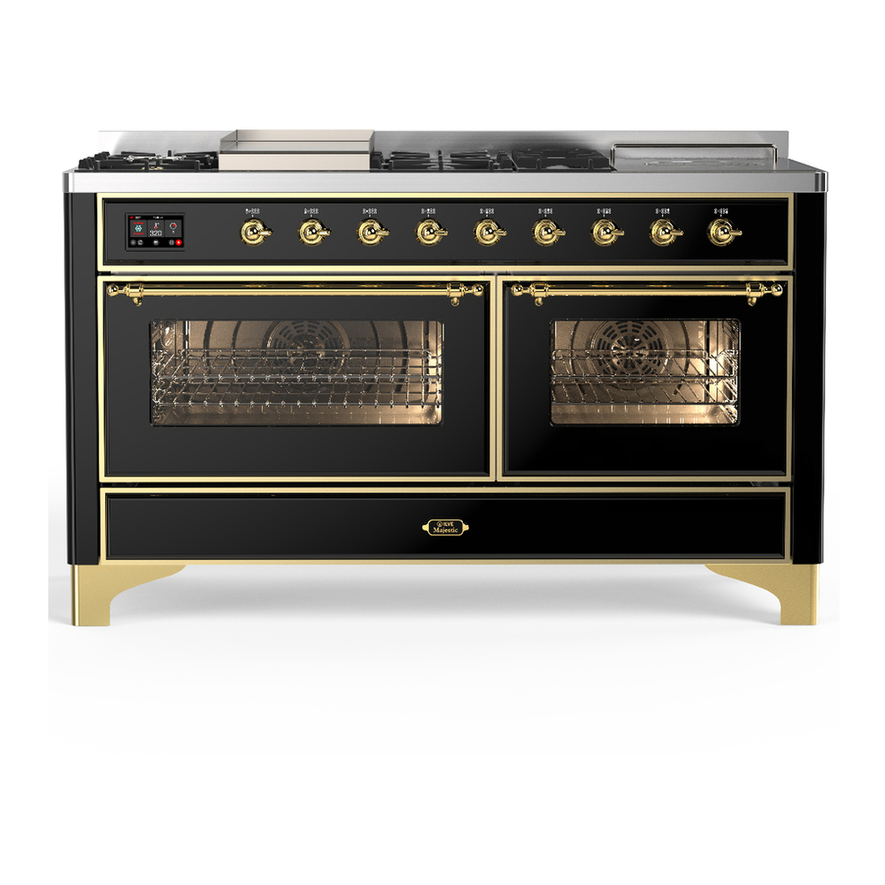 ILVE UM60FSNR3BKG Majestic III 60 inch Dual Fuel Range with 7 Burners, Griddle and French Top, Dual Function Burner with up to 25,000 BTU (Natural Gas, Triple Glass Door, Glossy Black, Brass) 1 UM60FSNR3BKG