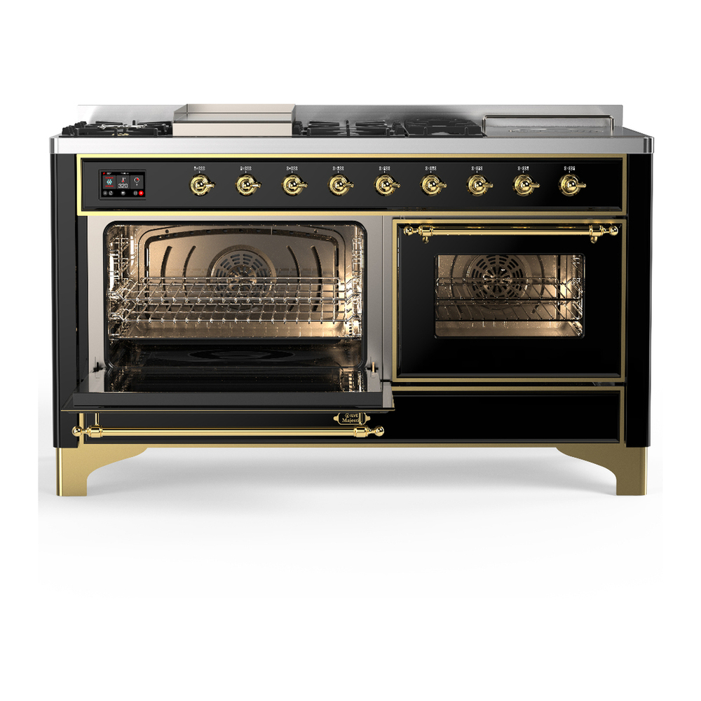 ILVE UM60FSNR3BKG Majestic III 60 inch Dual Fuel Range with 7 Burners, Griddle and French Top, Dual Function Burner with up to 25,000 BTU (Natural Gas, Triple Glass Door, Glossy Black, Brass) 3 ILVE-UM60FSNR3BKG-Primary Oven Open View
