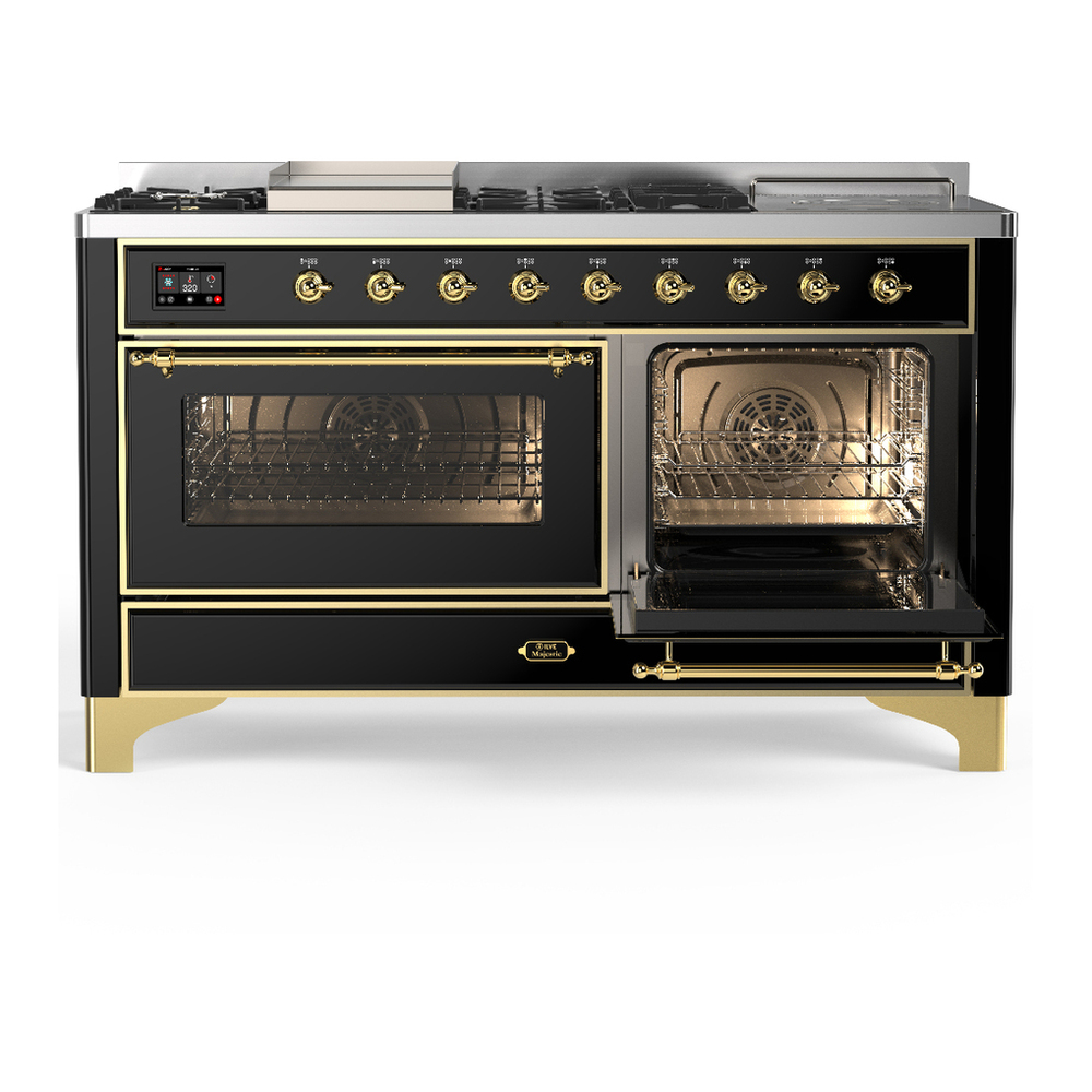 ILVE UM60FSNR3BKG Majestic III 60 inch Dual Fuel Range with 7 Burners, Griddle and French Top, Dual Function Burner with up to 25,000 BTU (Natural Gas, Triple Glass Door, Glossy Black, Brass) 4 ILVE-UM60FSNR3BKG-Secondary Oven Open View