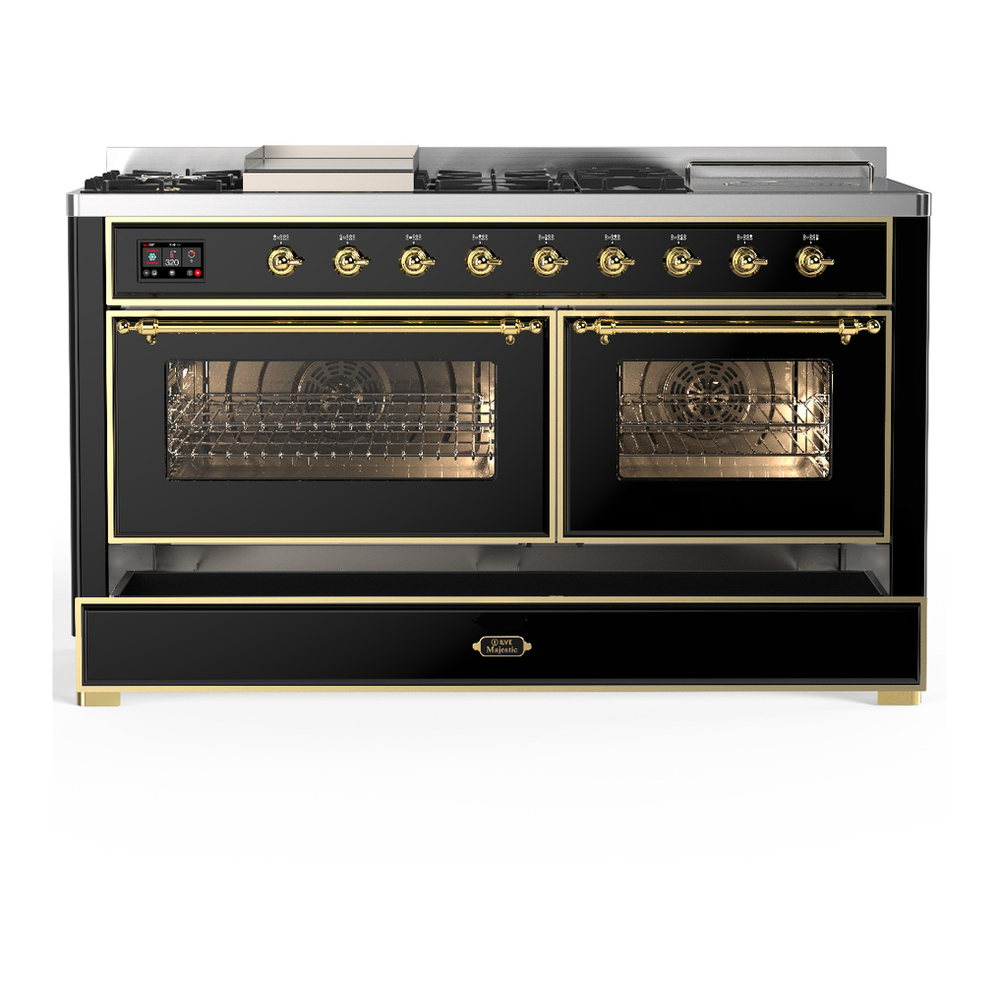 ILVE UM60FSNR3BKG Majestic III 60 inch Dual Fuel Range with 7 Burners, Griddle and French Top, Dual Function Burner with up to 25,000 BTU (Natural Gas, Triple Glass Door, Glossy Black, Brass) 5 ILVE-UM60FSNR3BKG-Drawer Open View