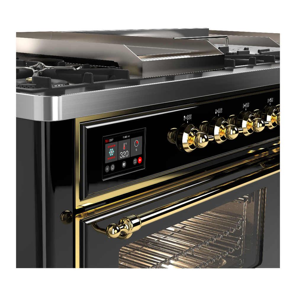 ILVE UM60FSNR3BKG Majestic III 60 inch Dual Fuel Range with 7 Burners, Griddle and French Top, Dual Function Burner with up to 25,000 BTU (Natural Gas, Triple Glass Door, Glossy Black, Brass) 7 ILVE-UM60FSNR3BKG-Control Knobs View