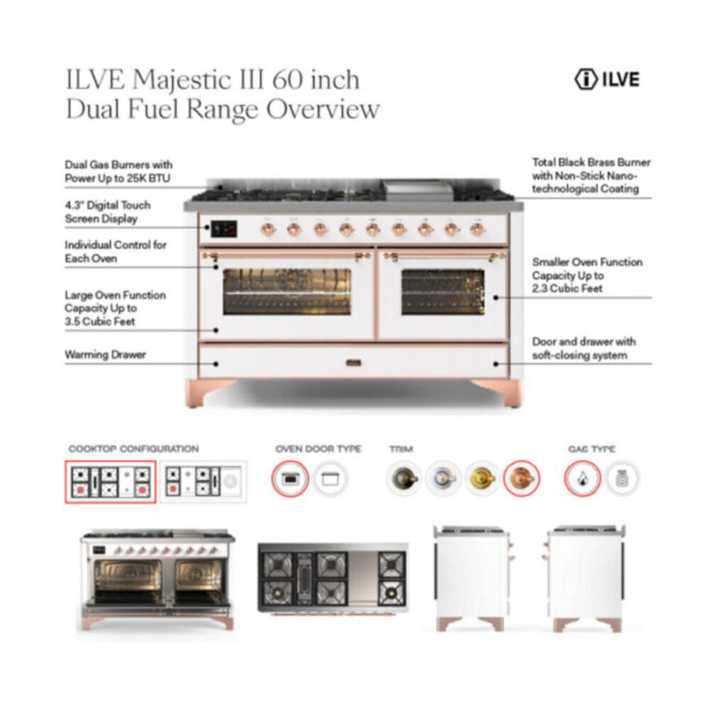 ILVE UM60FS Majestic III 60 inch Dual Fuel Range with 7 Burners, Griddle and French Top, Dual Function Burner with up to 25,000 BTU
