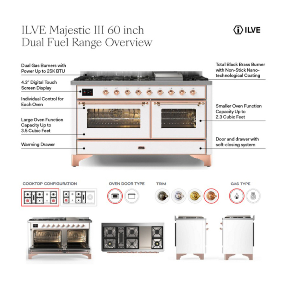 ILVE UM60FSNR3MMGLP Majestic III 60 inch Dual Fuel Range with 7 Burners, Griddle and French Top, Dual Function Burner with up to 25,000 BTU (Liquid Propane, Triple Glass Door, Mediterranean Mint, Brass) 2 ILVE UM60FS Majestic III 60 inch Dual Fuel Range with 7 Burners, Griddle and French Top, Dual Function Burner with up to 25,000 BTU