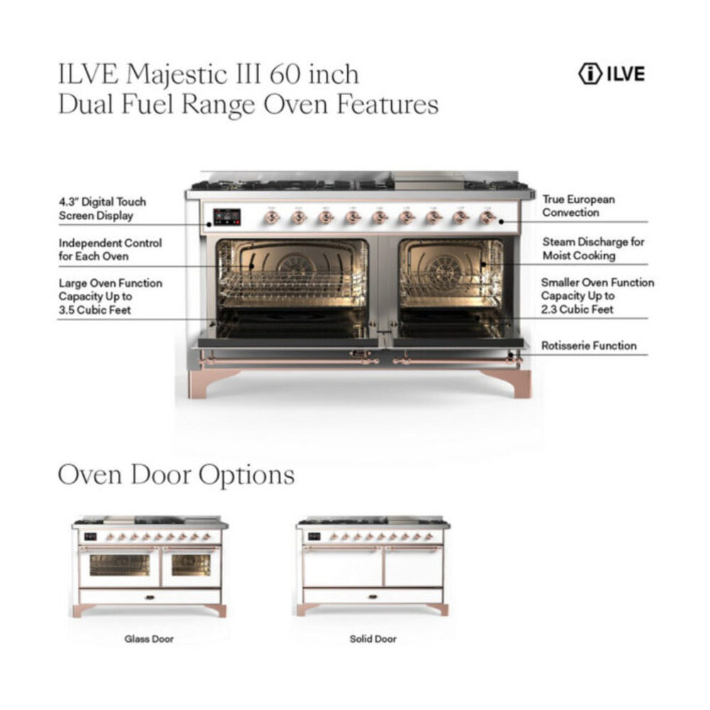 ILVE UM60FS Majestic III 60 inch Dual Fuel Range with 7 Burners, Griddle and French Top, Dual Function Burner with up to 25,000 BTU