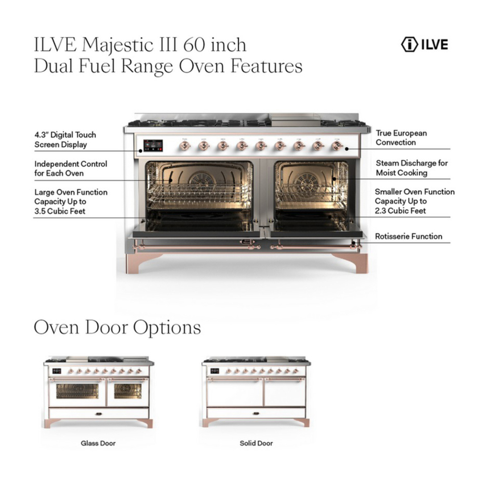 ILVE UM60FSNR3MMGLP Majestic III 60 inch Dual Fuel Range with 7 Burners, Griddle and French Top, Dual Function Burner with up to 25,000 BTU (Liquid Propane, Triple Glass Door, Mediterranean Mint, Brass) 3 ILVE UM60FS Majestic III 60 inch Dual Fuel Range with 7 Burners, Griddle and French Top, Dual Function Burner with up to 25,000 BTU