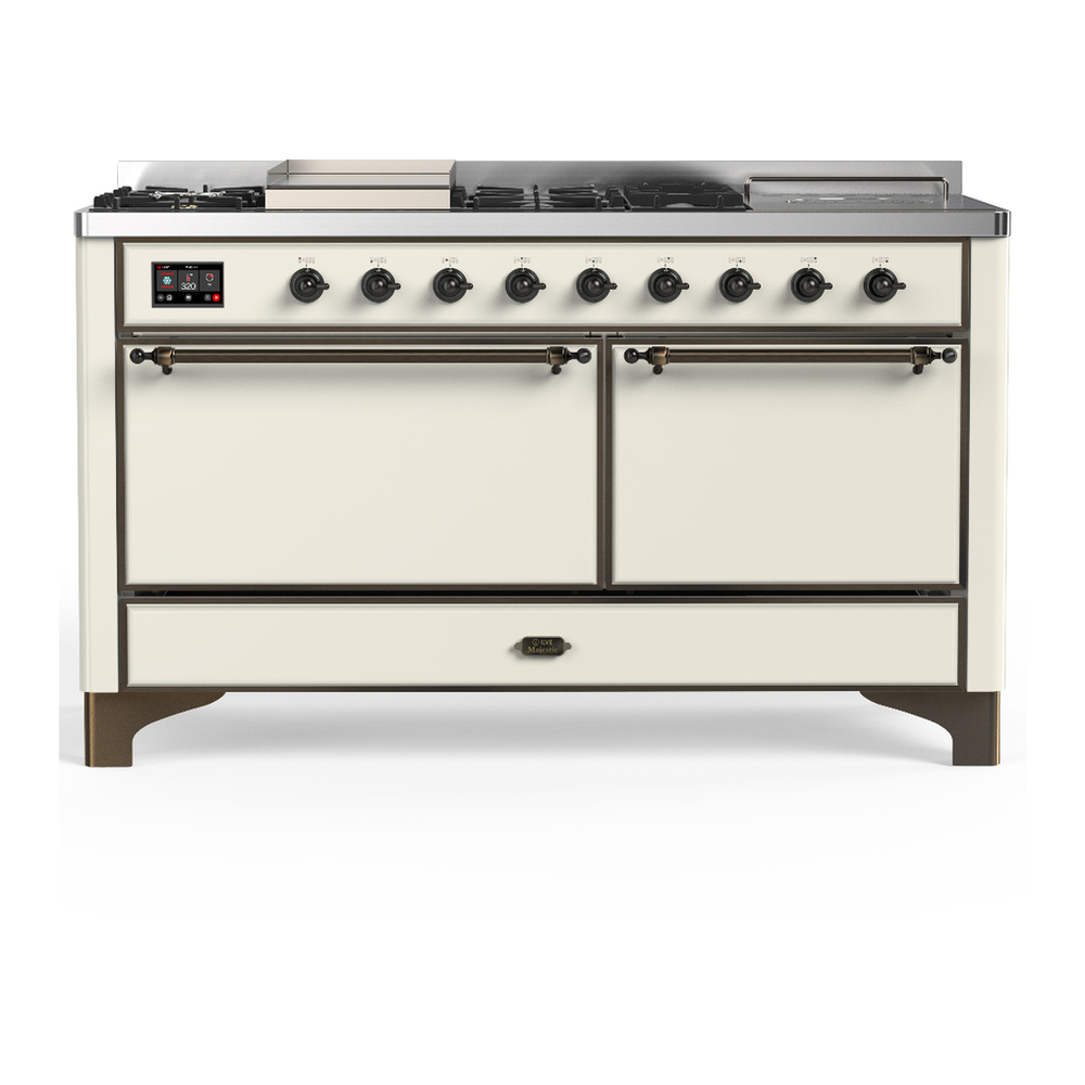ILVE UM60FSQNR3AWBLP Majestic III 60 inch Dual Fuel Range with 7 Burners, Griddle and French Top, Dual Function Burner with up to 25,000 BTU (Liquid Propane, Solid Door, Antique White, Burnished) 1 UM60FSQNR3AWBLP