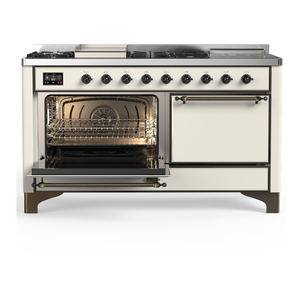 ILVE UM60FSQNR3AWBLP Majestic III 60 inch Dual Fuel Range with 7 Burners, Griddle and French Top, Dual Function Burner with up to 25,000 BTU (Liquid Propane, Solid Door, Antique White, Burnished) 3 ILVE-UM60FSQNR3AWBLP-Primary Oven Open View