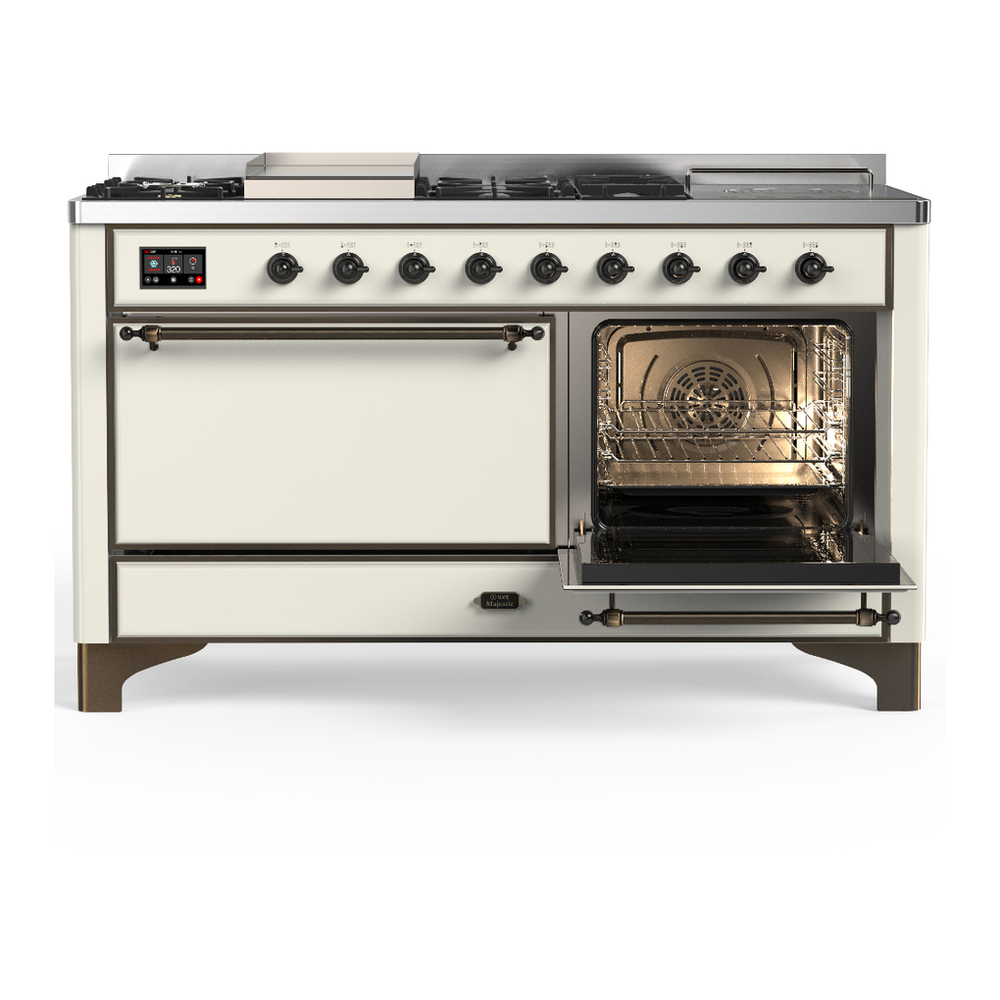ILVE UM60FSQNR3AWBLP Majestic III 60 inch Dual Fuel Range with 7 Burners, Griddle and French Top, Dual Function Burner with up to 25,000 BTU (Liquid Propane, Solid Door, Antique White, Burnished) 4 ILVE-UM60FSQNR3AWBLP-Secondary Oven Open View