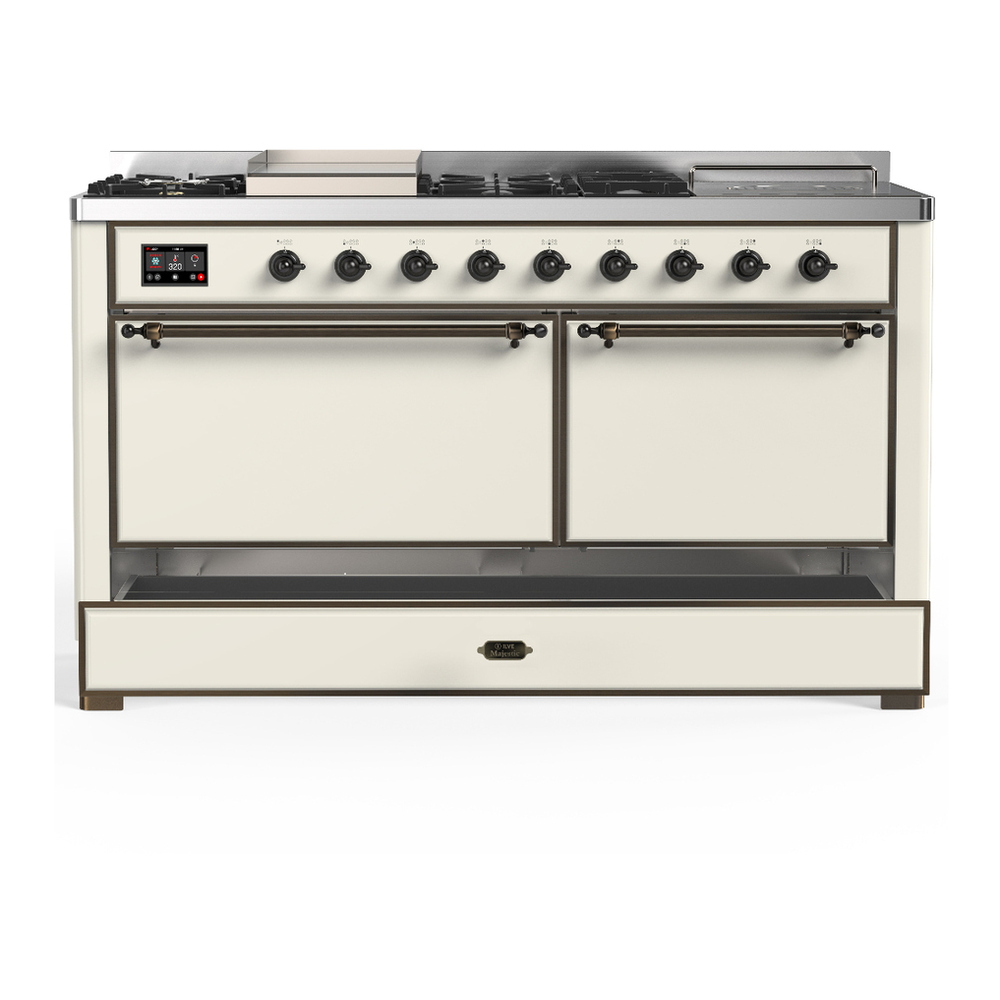 ILVE UM60FSQNR3AWBLP Majestic III 60 inch Dual Fuel Range with 7 Burners, Griddle and French Top, Dual Function Burner with up to 25,000 BTU (Liquid Propane, Solid Door, Antique White, Burnished) 5 ILVE-UM60FSQNR3AWBLP-Drawer Open View