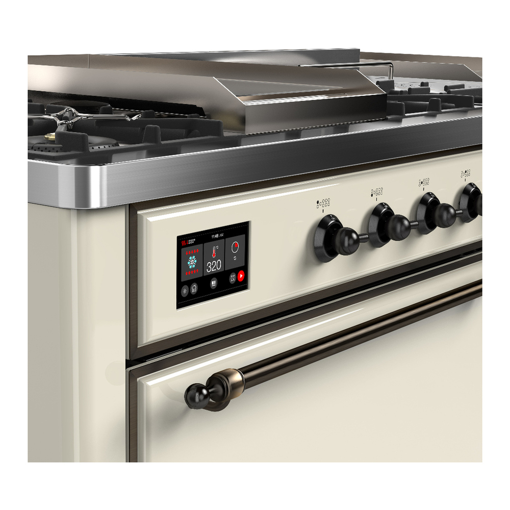 ILVE UM60FSQNR3AWBLP Majestic III 60 inch Dual Fuel Range with 7 Burners, Griddle and French Top, Dual Function Burner with up to 25,000 BTU (Liquid Propane, Solid Door, Antique White, Burnished) 7 ILVE-UM60FSQNR3AWBLP-Control Knobs View