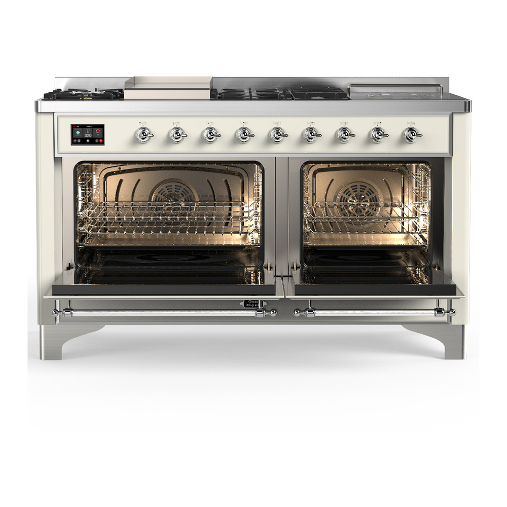 ILVE UM60FSQNR3AWCLP Majestic III 60 inch Dual Fuel Range with 7 Burners, Griddle and French Top, Dual Function Burner with up to 25,000 BTU (Liquid Propane, Solid Door, Antique White, Chrome) 2 ILVE-UM60FSQNR3AWCLP-Double Oven Open View