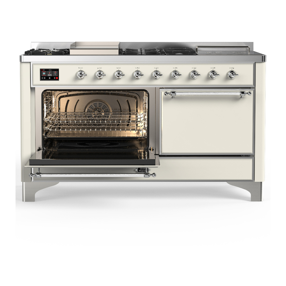 ILVE UM60FSQNR3AWCLP Majestic III 60 inch Dual Fuel Range with 7 Burners, Griddle and French Top, Dual Function Burner with up to 25,000 BTU (Liquid Propane, Solid Door, Antique White, Chrome) 3 ILVE-UM60FSQNR3AWCLP-Primary Oven Open View