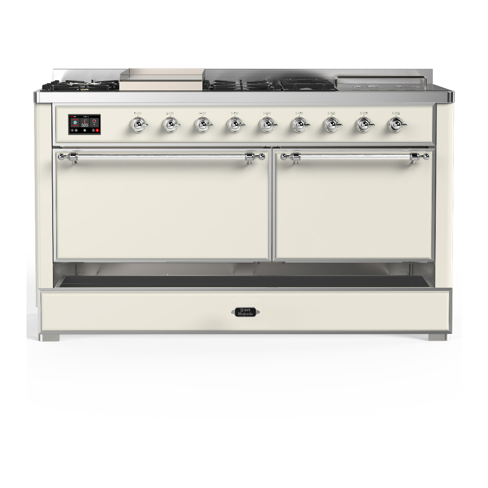 ILVE UM60FSQNR3AWCLP Majestic III 60 inch Dual Fuel Range with 7 Burners, Griddle and French Top, Dual Function Burner with up to 25,000 BTU (Liquid Propane, Solid Door, Antique White, Chrome) 5 ILVE-UM60FSQNR3AWCLP-Drawer Open View