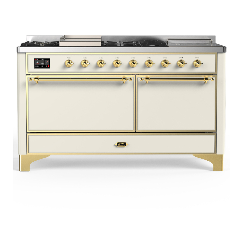ILVE UM60FSQNR3AWGLP Majestic III 60 inch Dual Fuel Range with 7 Burners, Griddle and French Top, Dual Function Burner with up to 25,000 BTU (Liquid Propane, Solid Door, Antique White, Brass) 1 UM60FSQNR3AWGLP
