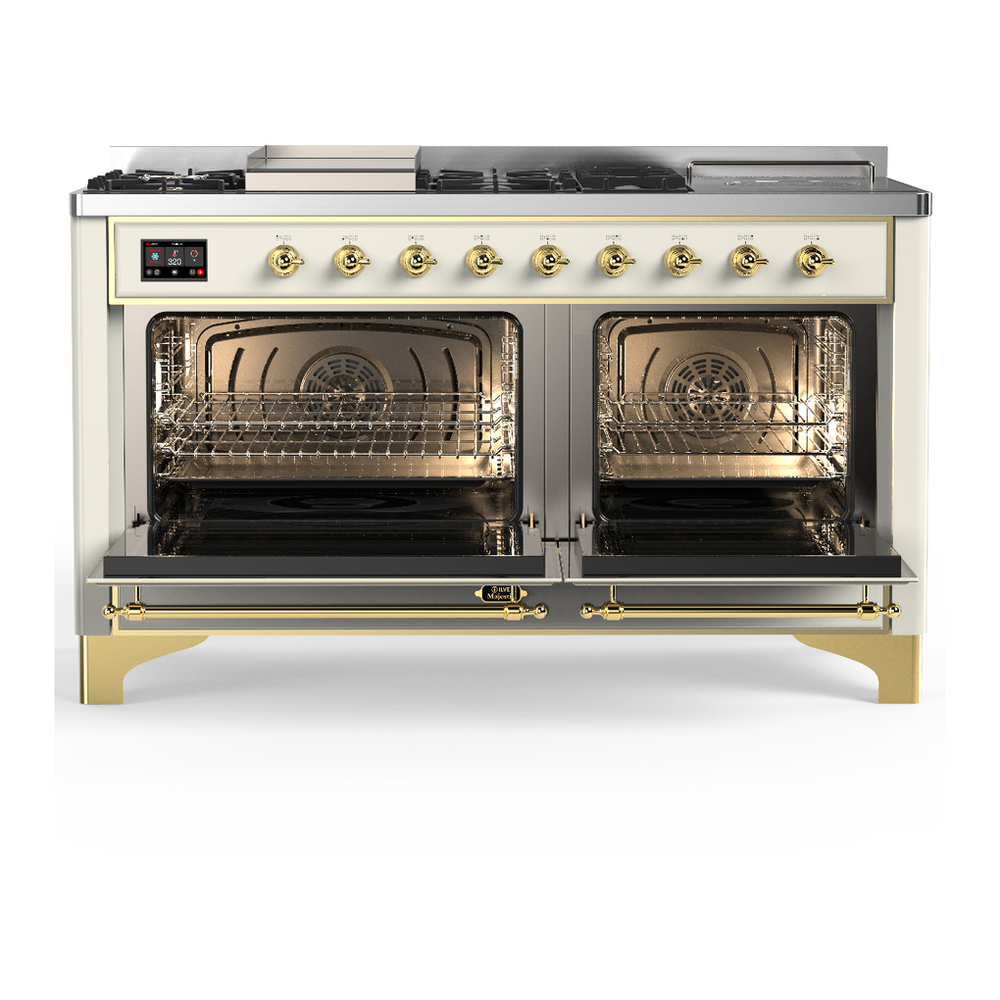 ILVE UM60FSQNR3AWGLP Majestic III 60 inch Dual Fuel Range with 7 Burners, Griddle and French Top, Dual Function Burner with up to 25,000 BTU (Liquid Propane, Solid Door, Antique White, Brass) 2 ILVE-UM60FSQNR3AWGLP-Double Oven Open View