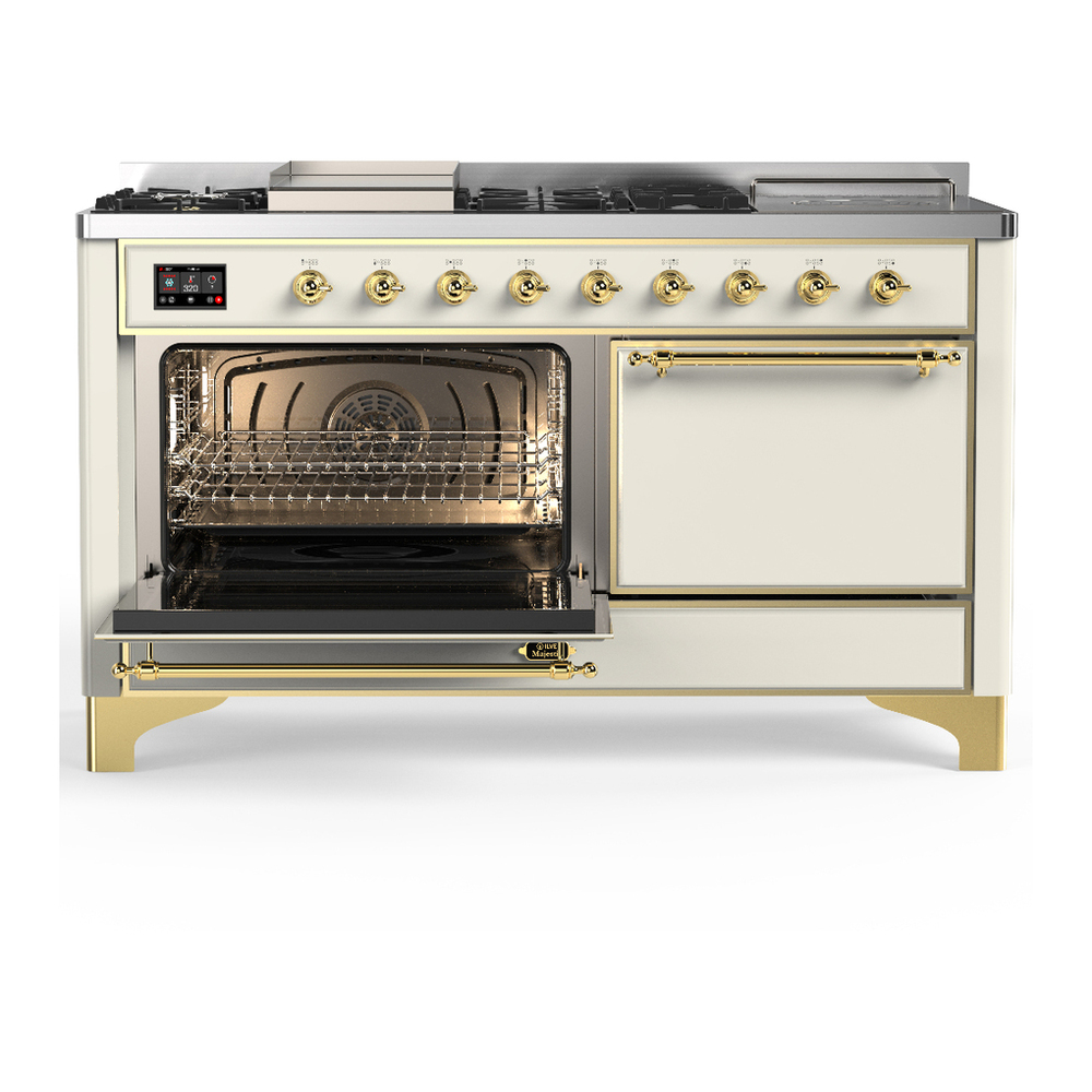ILVE UM60FSQNR3AWGLP Majestic III 60 inch Dual Fuel Range with 7 Burners, Griddle and French Top, Dual Function Burner with up to 25,000 BTU (Liquid Propane, Solid Door, Antique White, Brass) 3 ILVE-UM60FSQNR3AWGLP-Primary Oven Open View