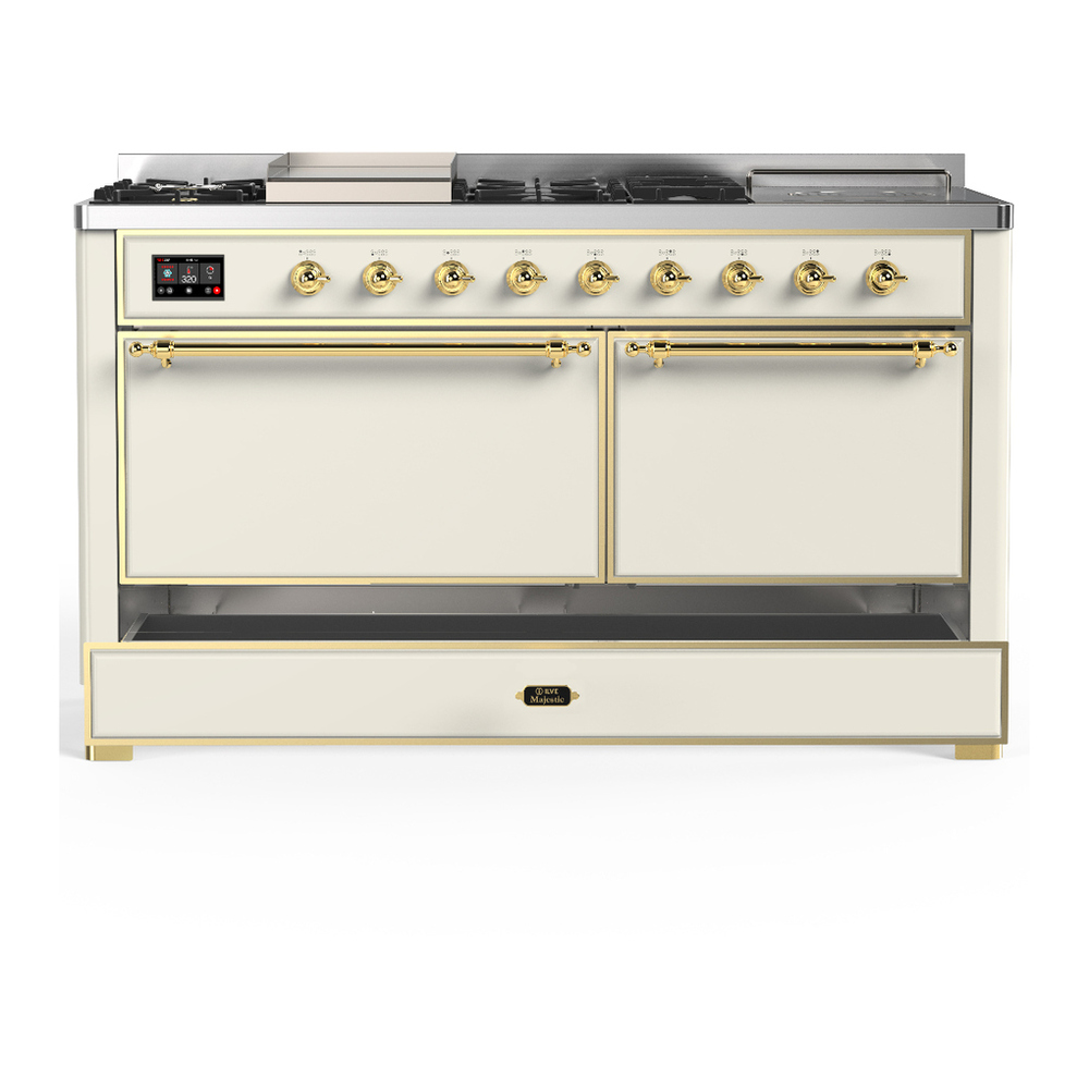 ILVE UM60FSQNR3AWGLP Majestic III 60 inch Dual Fuel Range with 7 Burners, Griddle and French Top, Dual Function Burner with up to 25,000 BTU (Liquid Propane, Solid Door, Antique White, Brass) 5 ILVE-UM60FSQNR3AWGLP-Drawer Open View