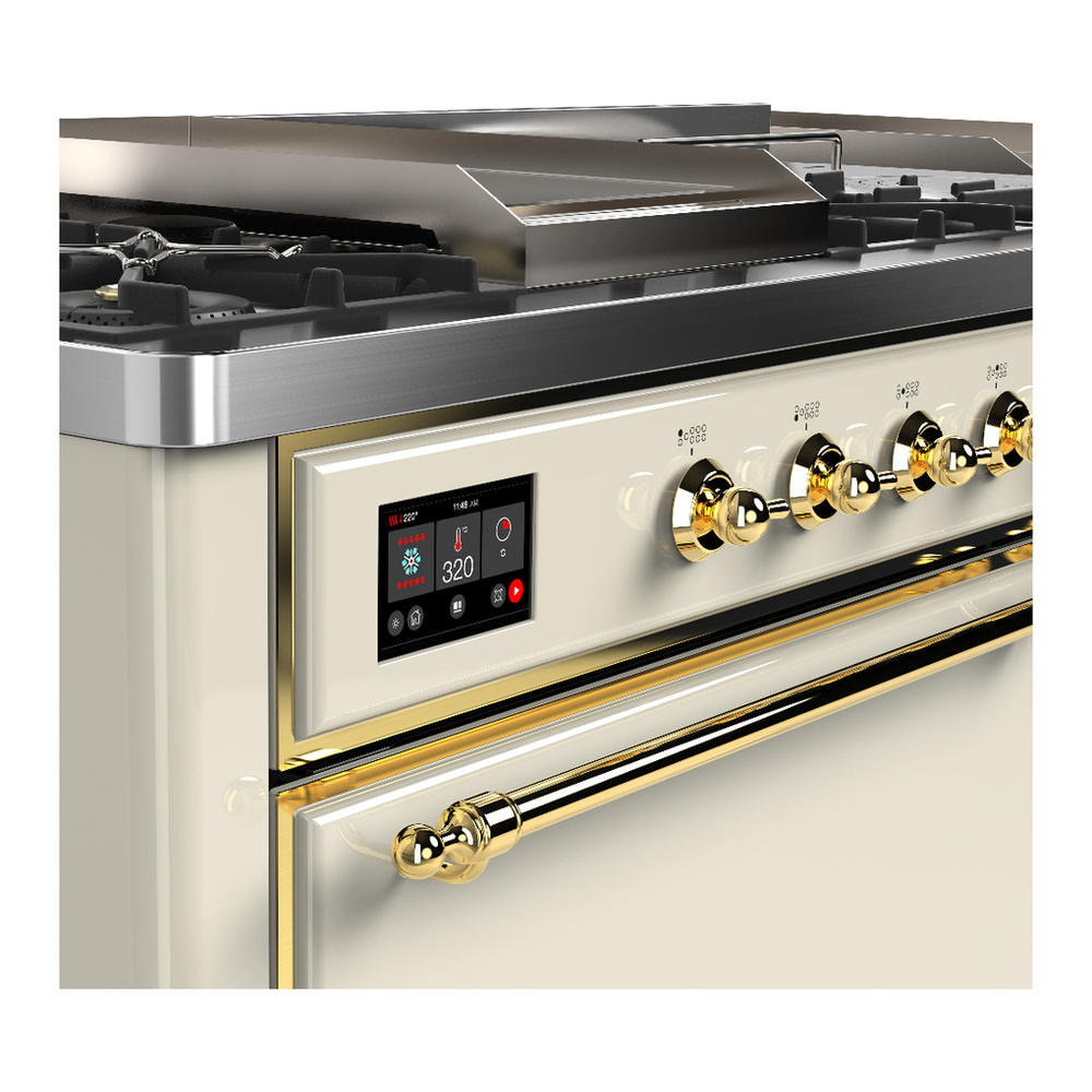 ILVE UM60FSQNR3AWGLP Majestic III 60 inch Dual Fuel Range with 7 Burners, Griddle and French Top, Dual Function Burner with up to 25,000 BTU (Liquid Propane, Solid Door, Antique White, Brass) 7 ILVE-UM60FSQNR3AWGLP-Control Knobs View