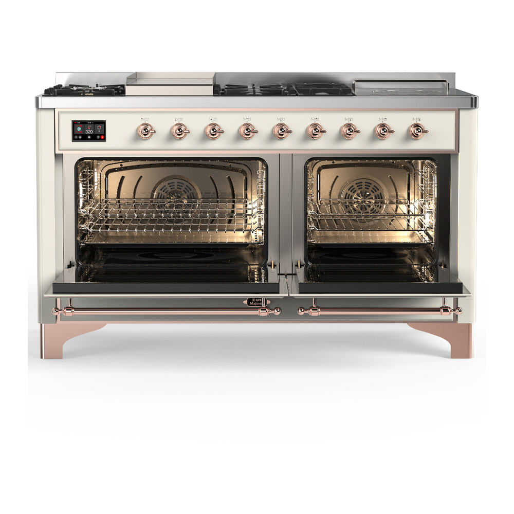 ILVE UM60FSQNR3AWPLP Majestic III 60 inch Dual Fuel Range with 7 Burners, Griddle and French Top, Dual Function Burner with up to 25,000 BTU (Liquid Propane, Solid Door, Antique White, Copper) 2 ILVE-UM60FSQNR3AWPLP-Double Oven Open View