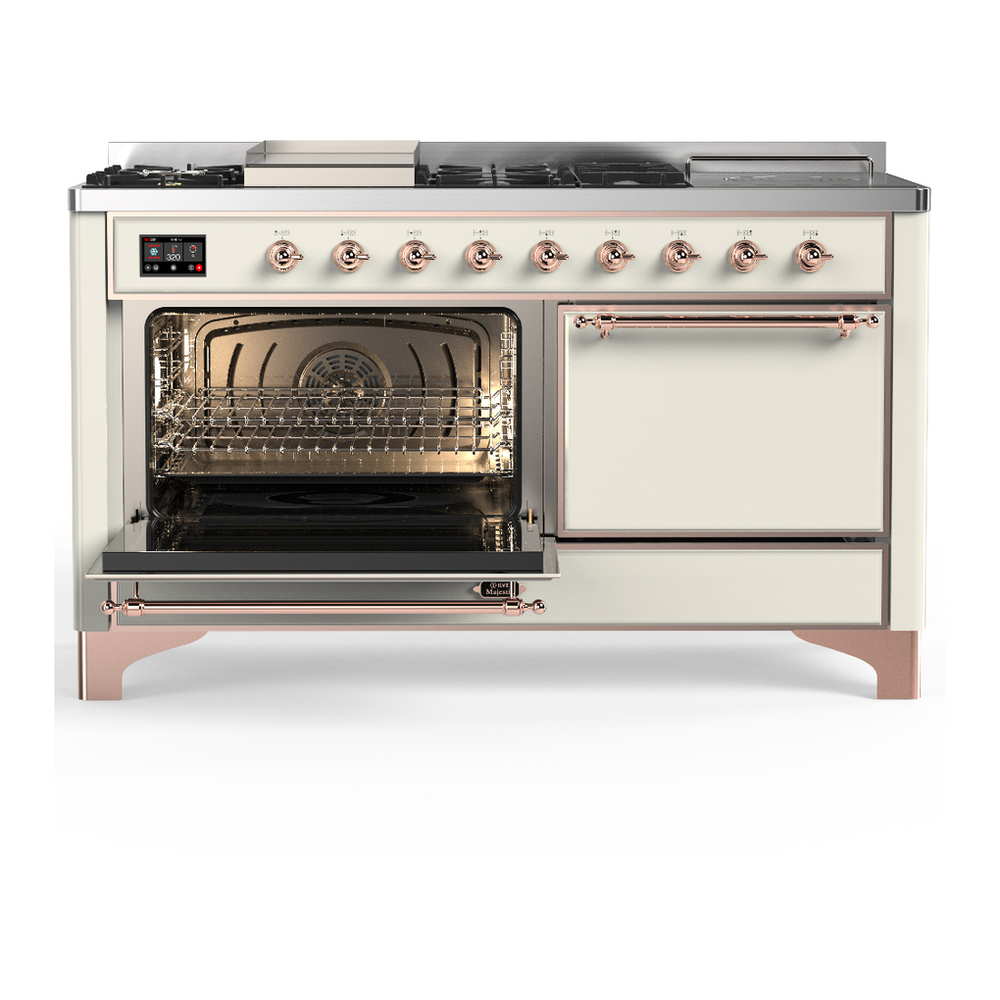 ILVE UM60FSQNR3AWPLP Majestic III 60 inch Dual Fuel Range with 7 Burners, Griddle and French Top, Dual Function Burner with up to 25,000 BTU (Liquid Propane, Solid Door, Antique White, Copper) 3 ILVE-UM60FSQNR3AWPLP-Primary Oven Open View