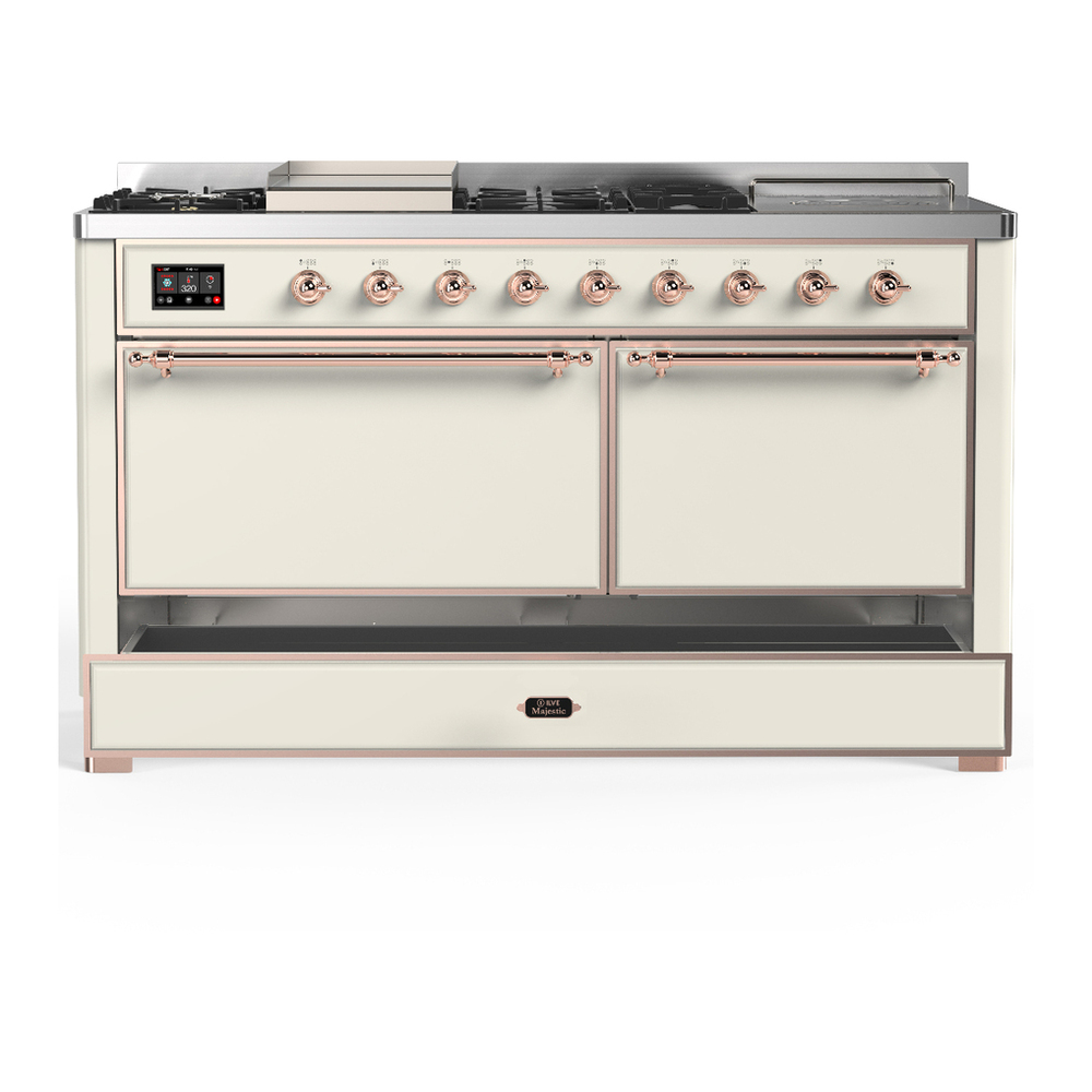 ILVE UM60FSQNR3AWPLP Majestic III 60 inch Dual Fuel Range with 7 Burners, Griddle and French Top, Dual Function Burner with up to 25,000 BTU (Liquid Propane, Solid Door, Antique White, Copper) 5 ILVE-UM60FSQNR3AWPLP-Drawer Open View