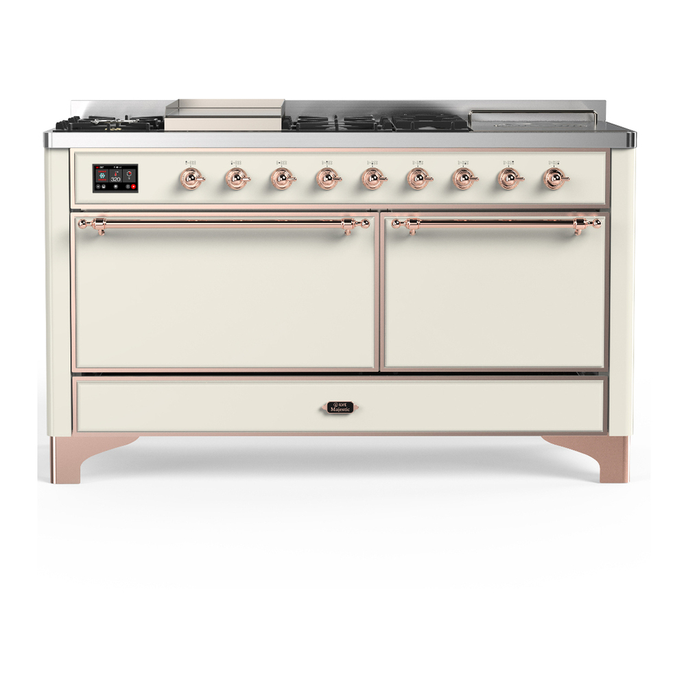 ILVE UM60FSQNR3AWP Majestic III 60 inch Dual Fuel Range with 7 Burners, Griddle and French Top, Dual Function Burner with up to 25,000 BTU (Natural Gas, Solid Door, Antique White, Copper) 1 UM60FSQNR3AWP